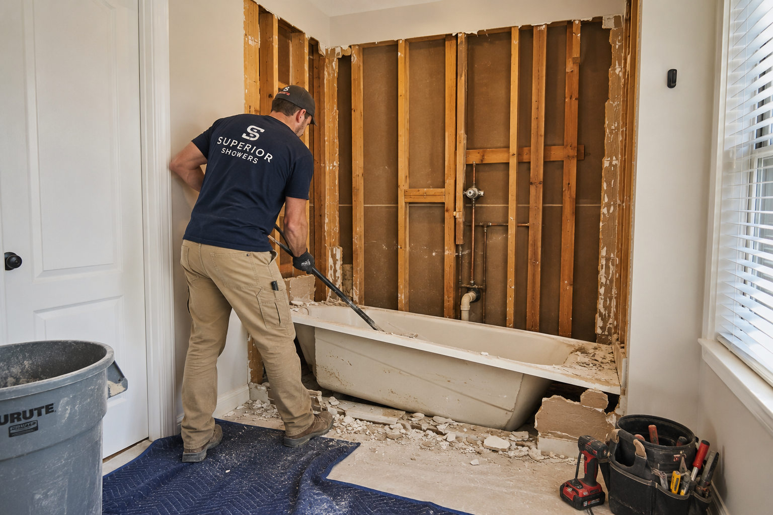 Superior Showers technician removing an old bathtub down to the bare studs during a real jobsite demolition