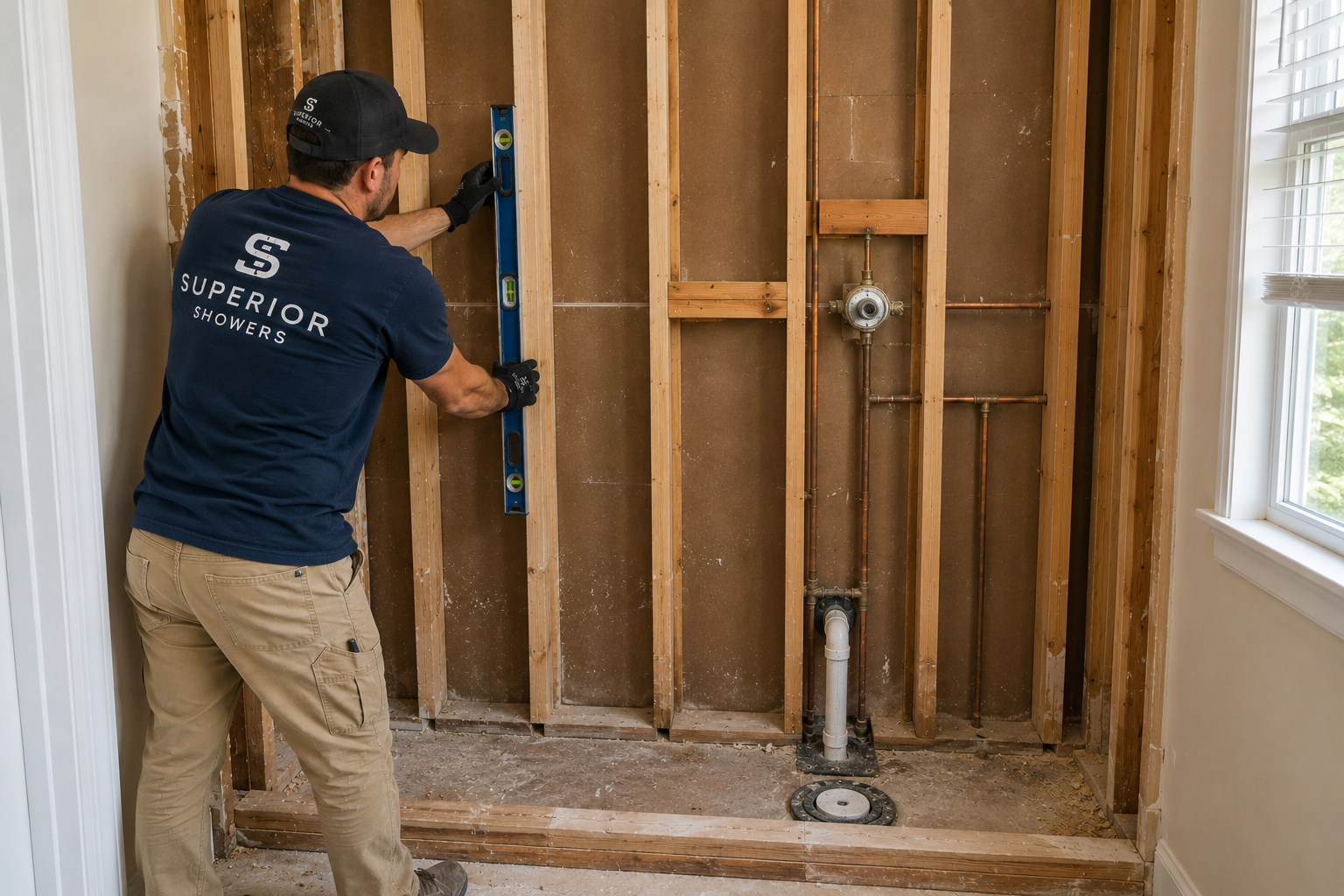 Superior Showers technician checking wall framing with a level during a real installation