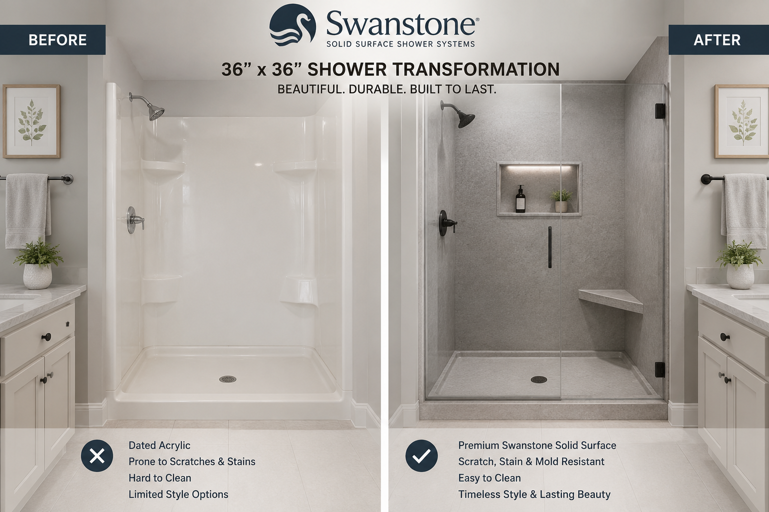 Real Swanstone solid-surface 36 by 36 inch shower before-and-after transformation