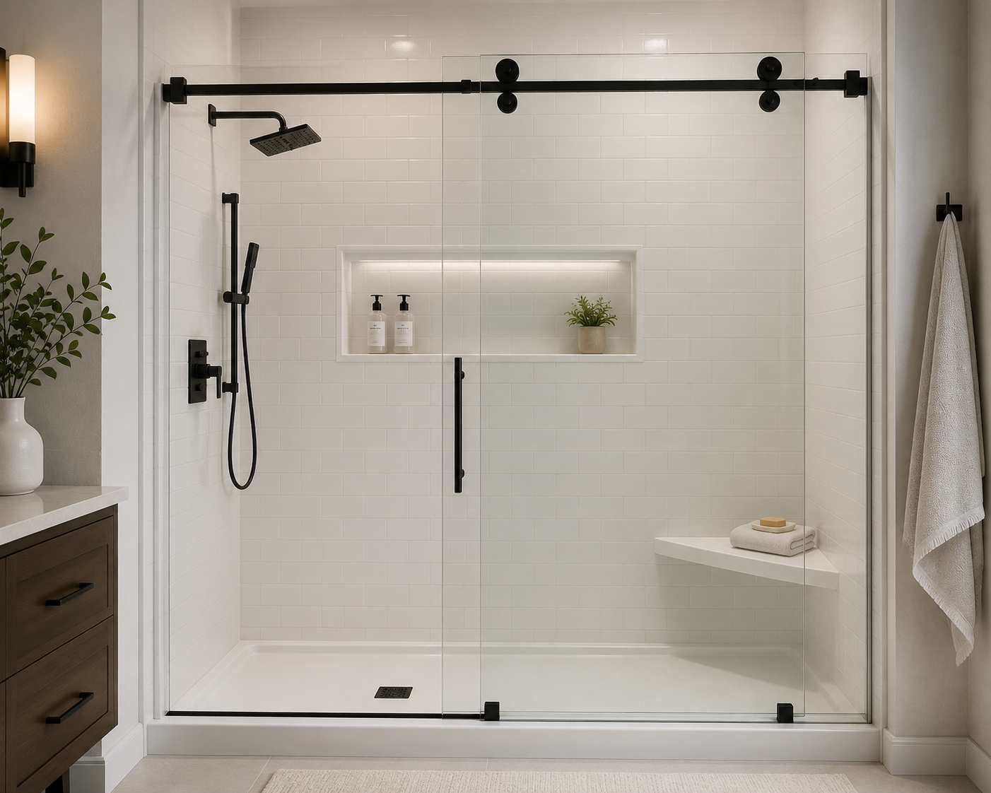 Real frameless sliding glass shower door with matte black hardware over a white subway tile walk-in shower