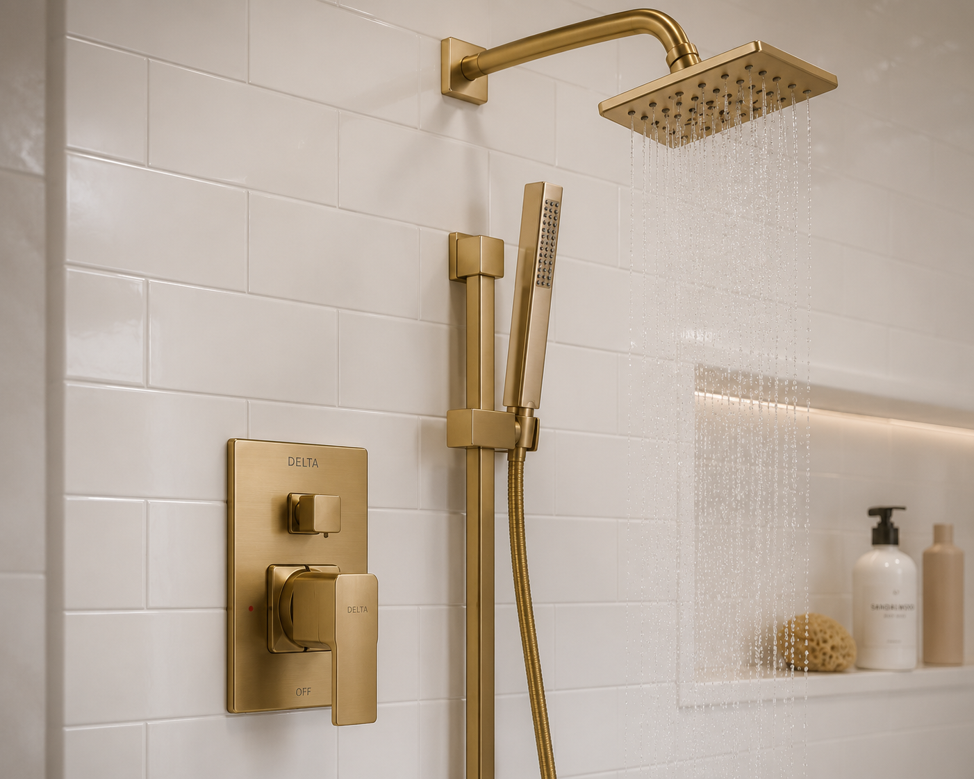 Real Delta brushed-gold shower fixture with rain shower head and handheld wand over white subway tile