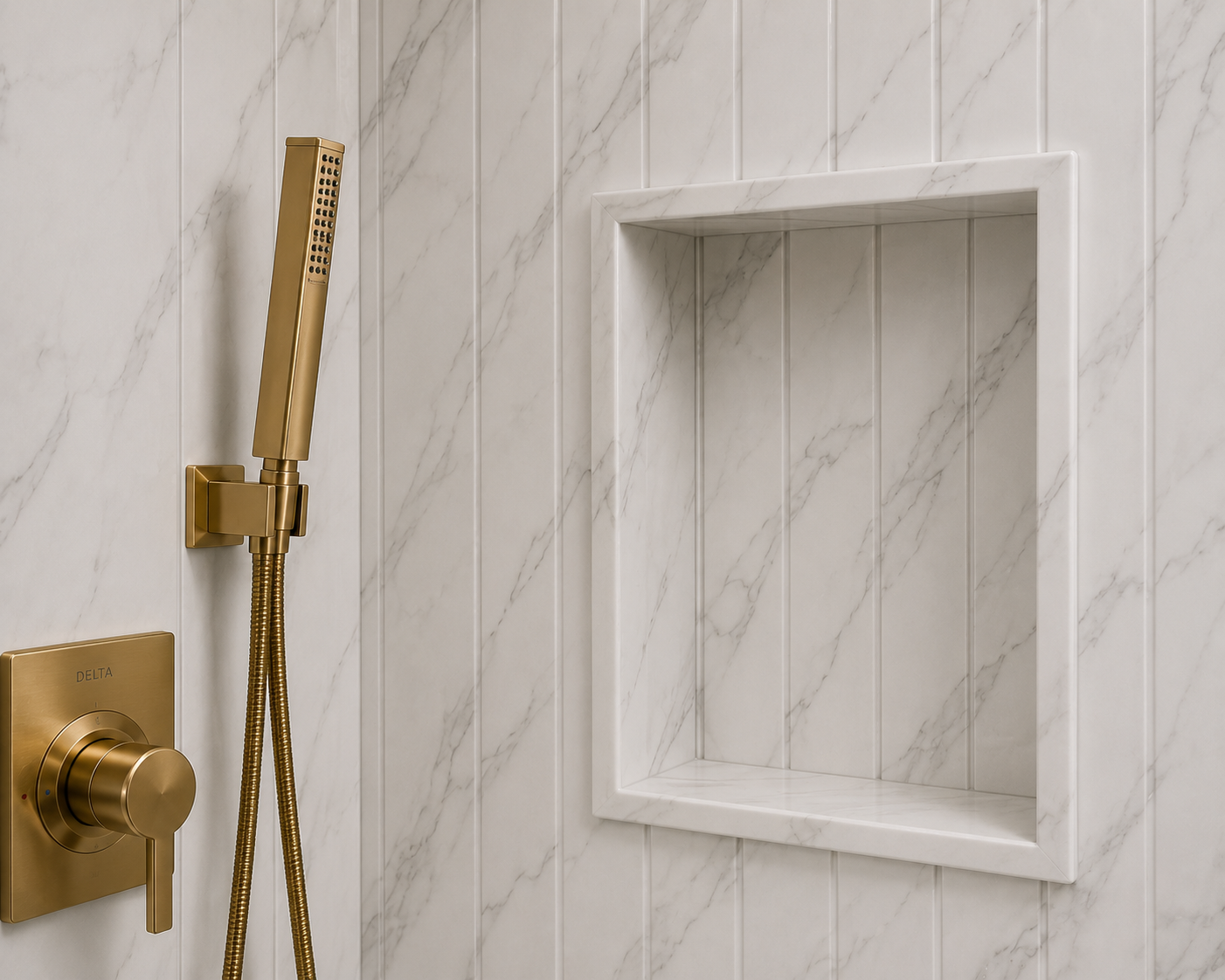 Real built-in marble solid-surface shower niche with brushed-gold Delta handheld wand and fixture