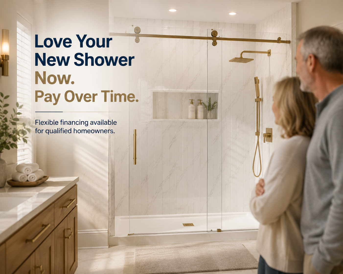 Love your new shower now, pay over time - couple admiring their finished brushed-gold frameless glass walk-in shower, flexible financing available for qualified homeowners