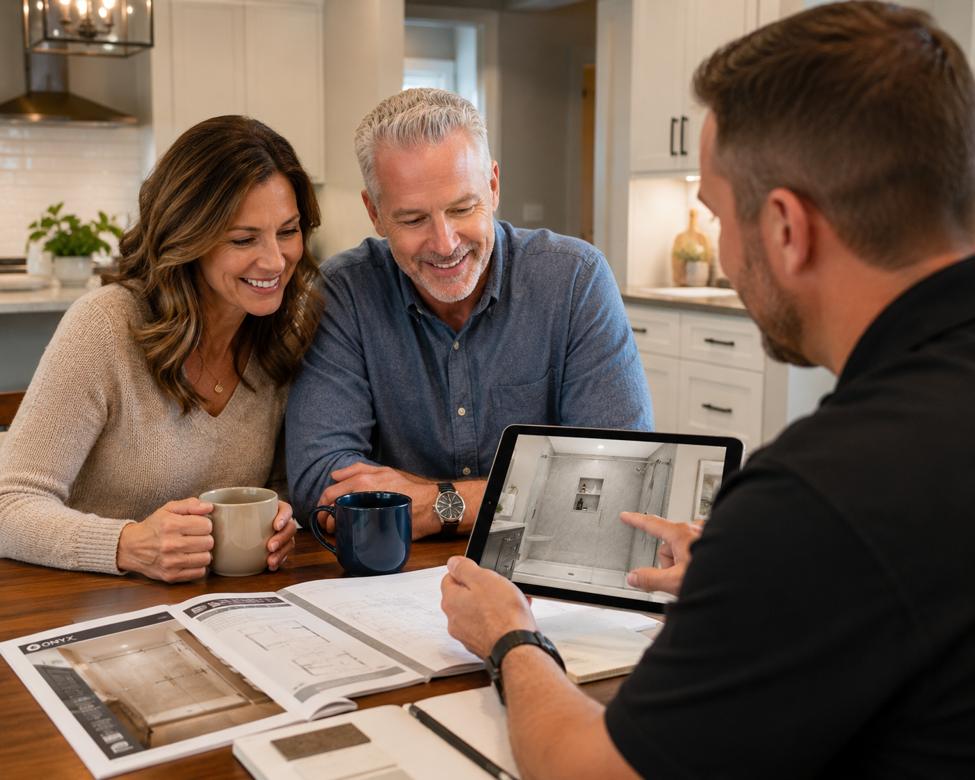 Homeowners reviewing shower design plans with a Superior Showers consultant
