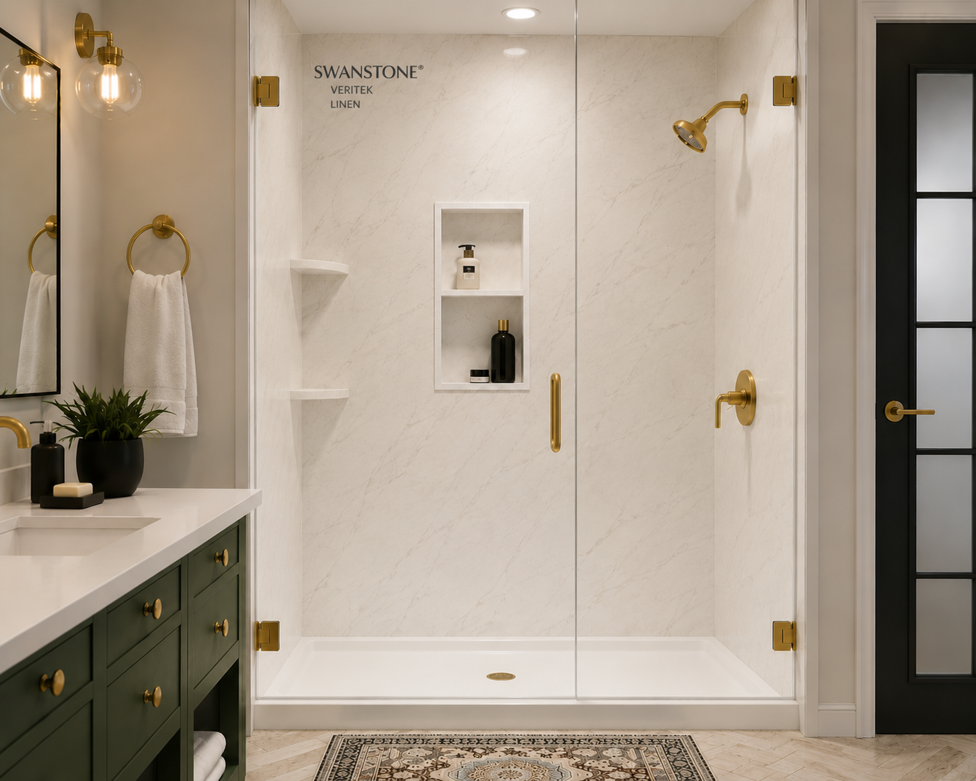Premium solid-surface walk-in shower with elegant finish