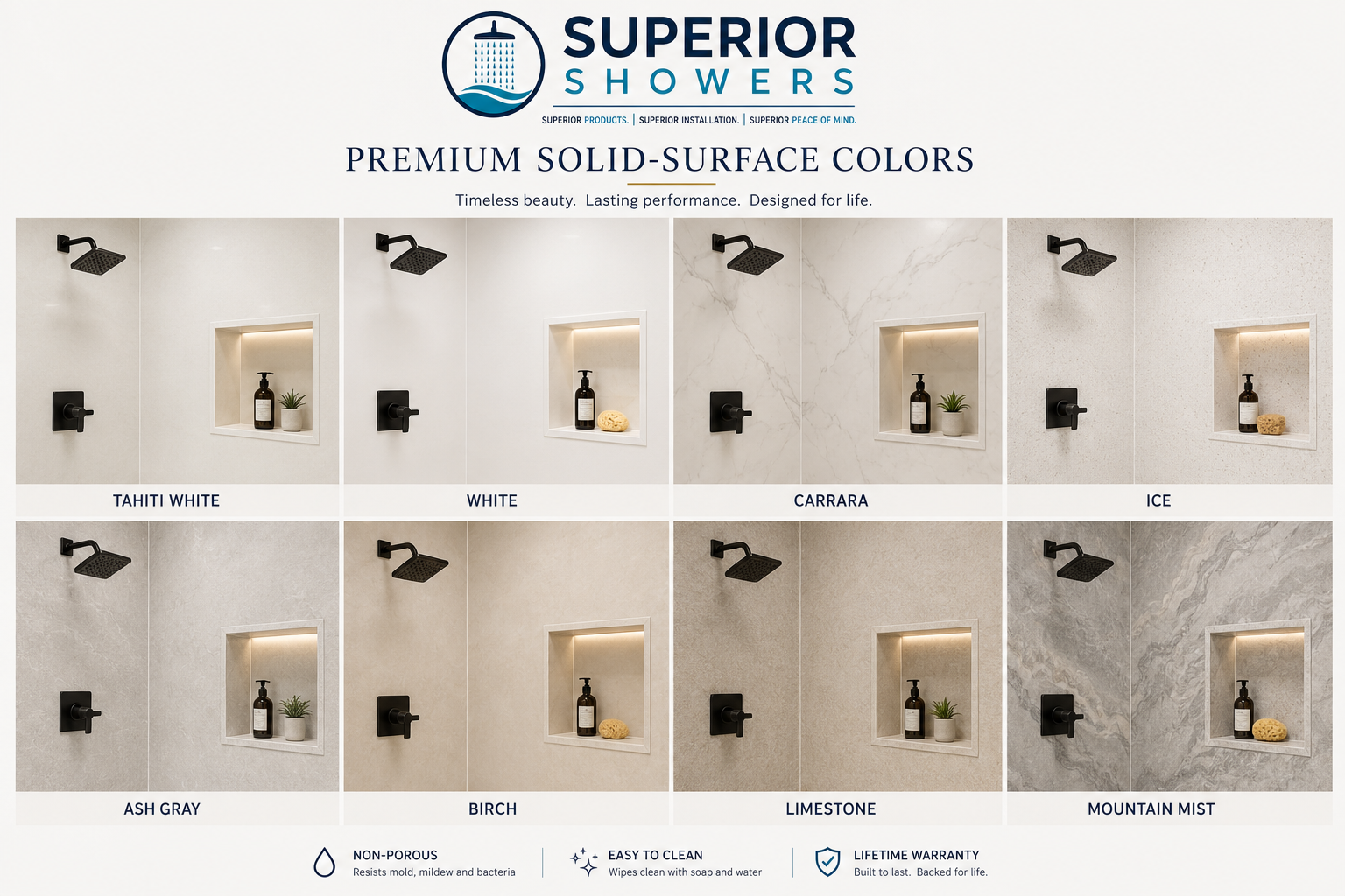 Premium solid-surface shower colors: Tahiti White, White, Carrara, Ice, Ash Gray, Birch, Limestone, and Mountain Mist
