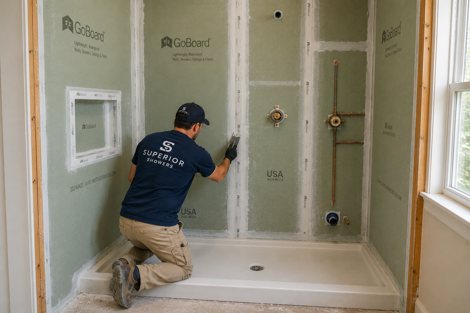Superior Showers technician installing GoBoard waterproof backer board around shower plumbing rough-in before the finished wall system goes on