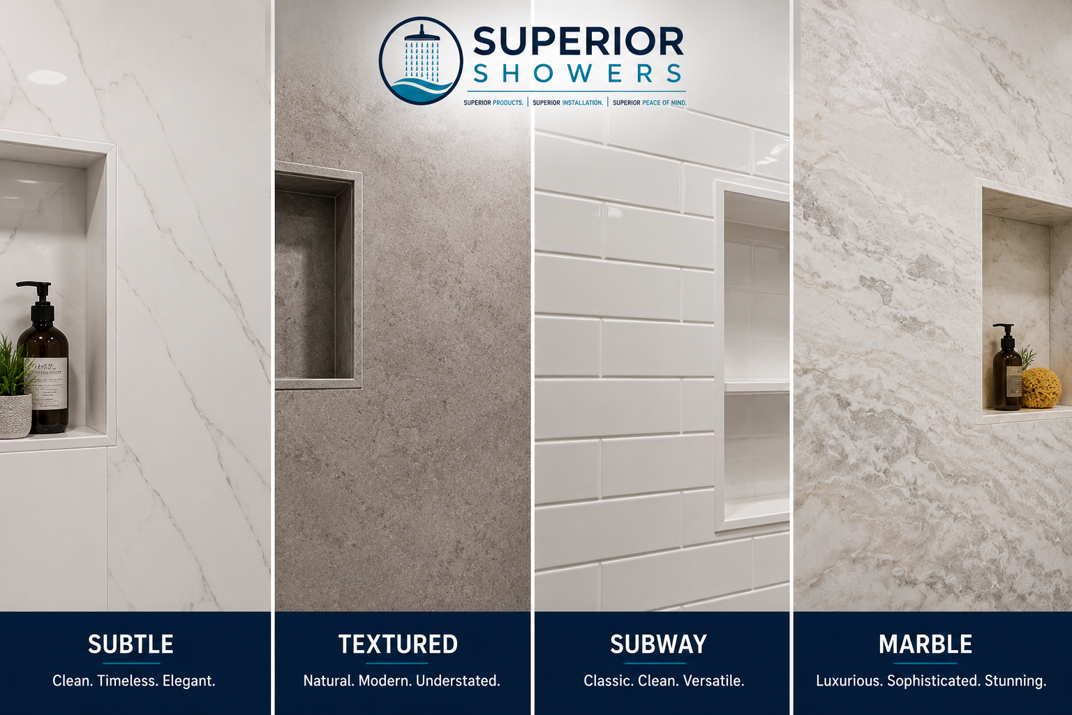 Superior Showers wall finish options: subtle, textured, subway, and marble shower wall styles