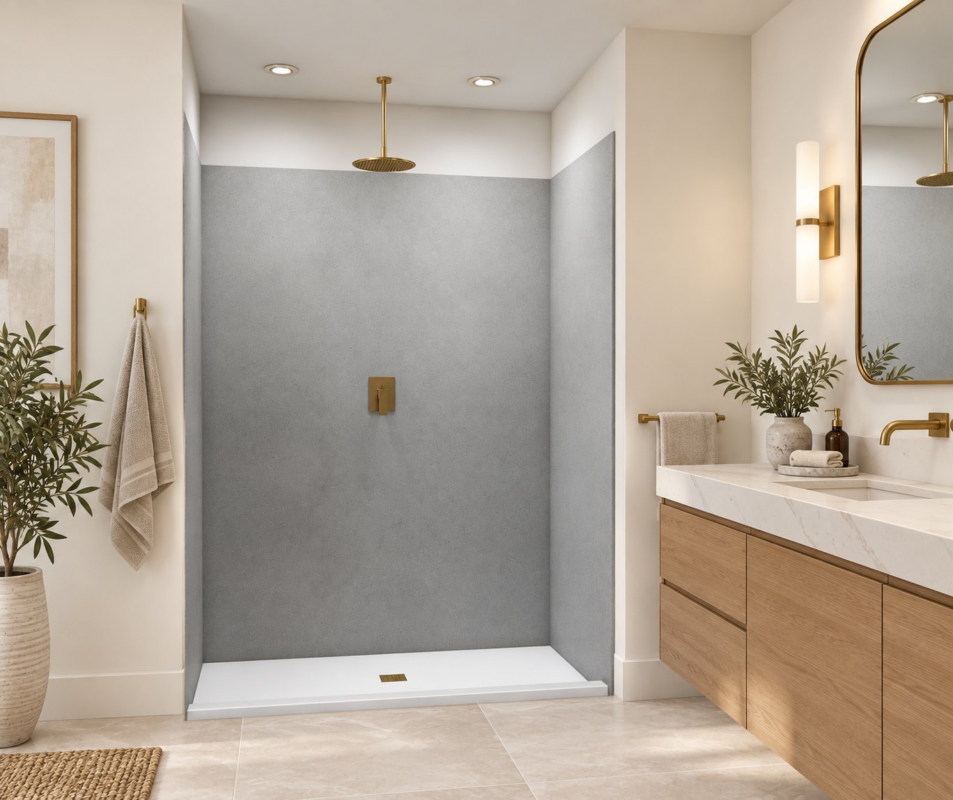 Swanstone gray wall system with brushed gold fixtures