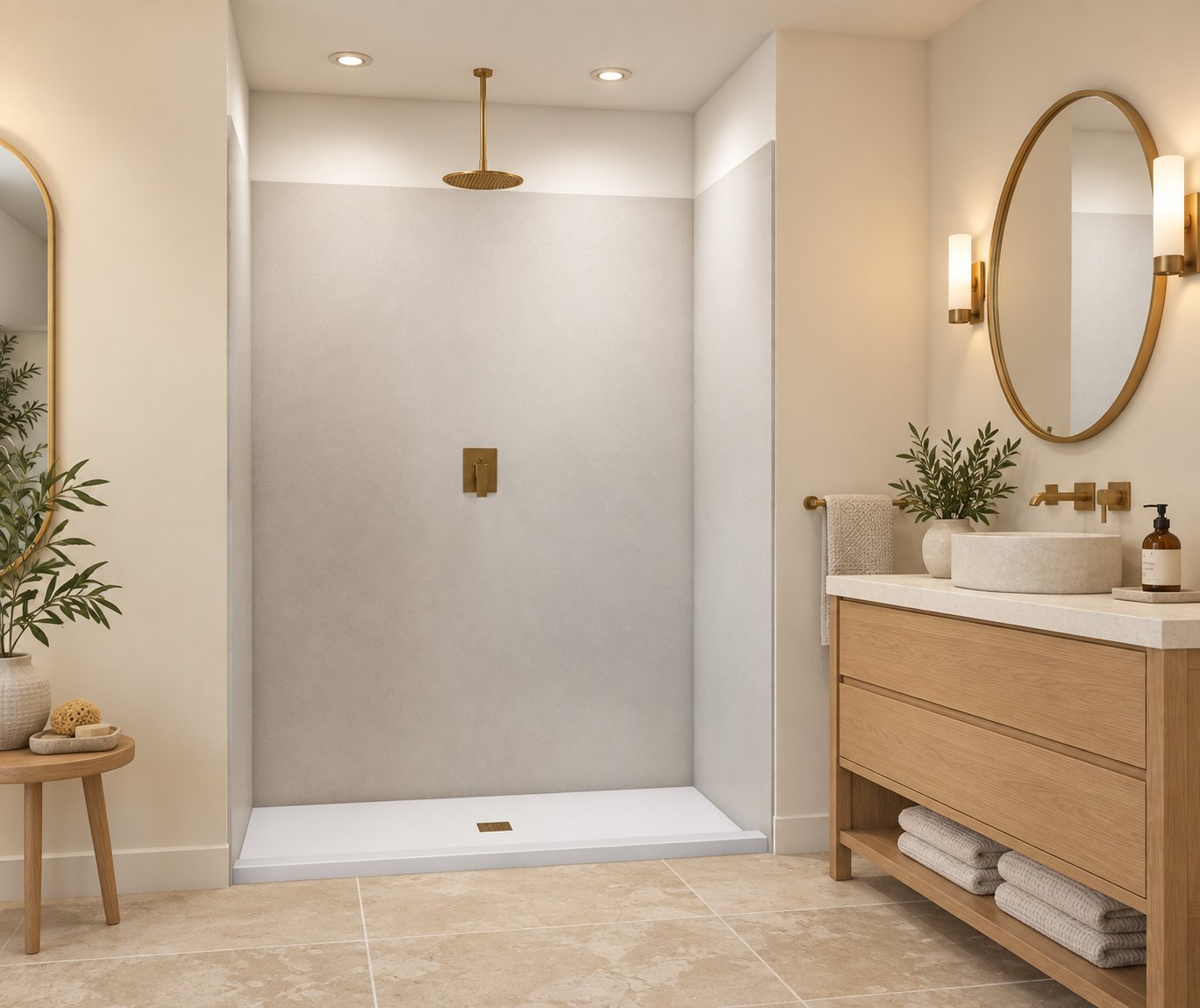 Swanstone limestone wall system with brushed gold fixtures