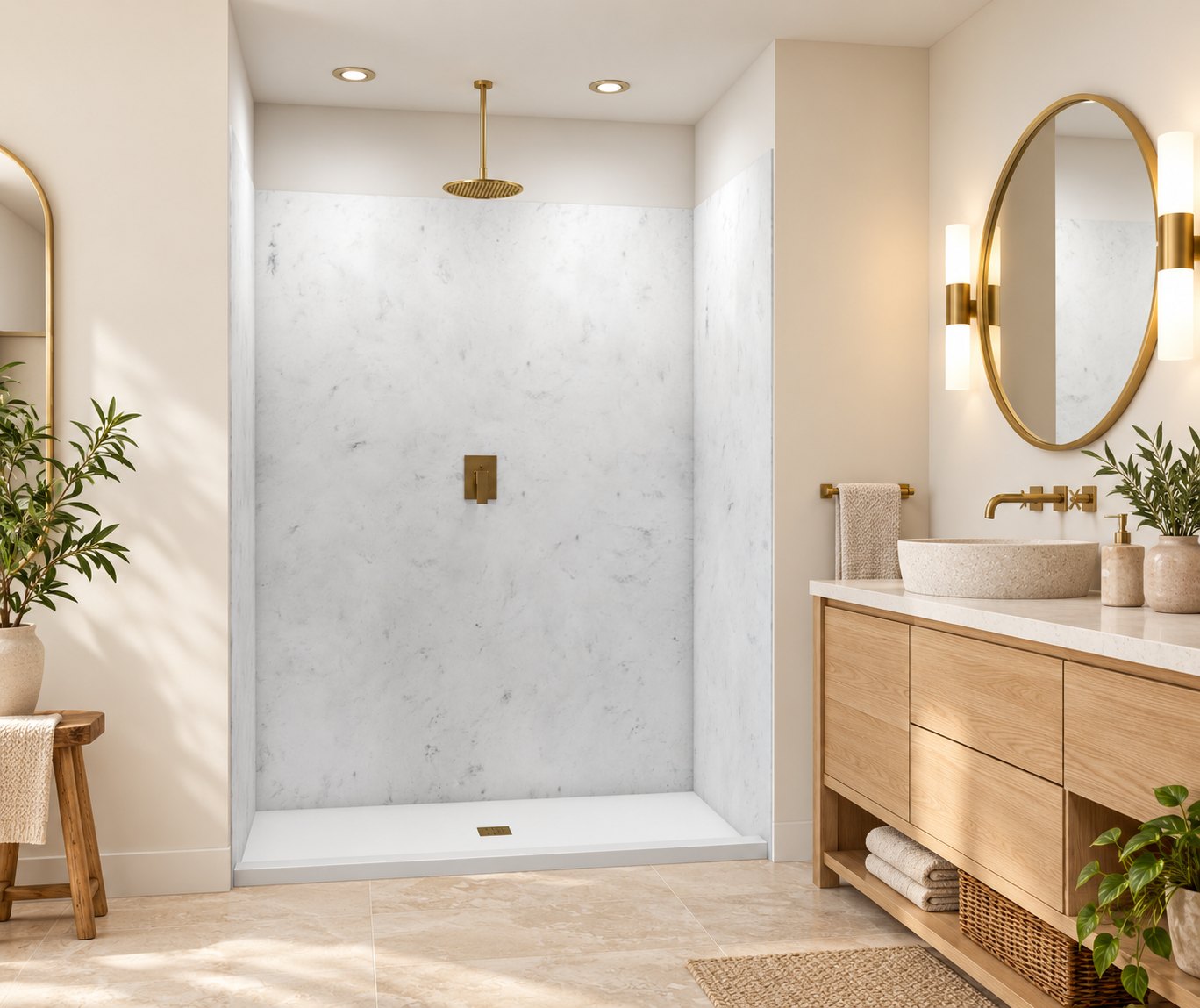Swanstone Carrara marble-look walk-in shower with brushed gold fixtures