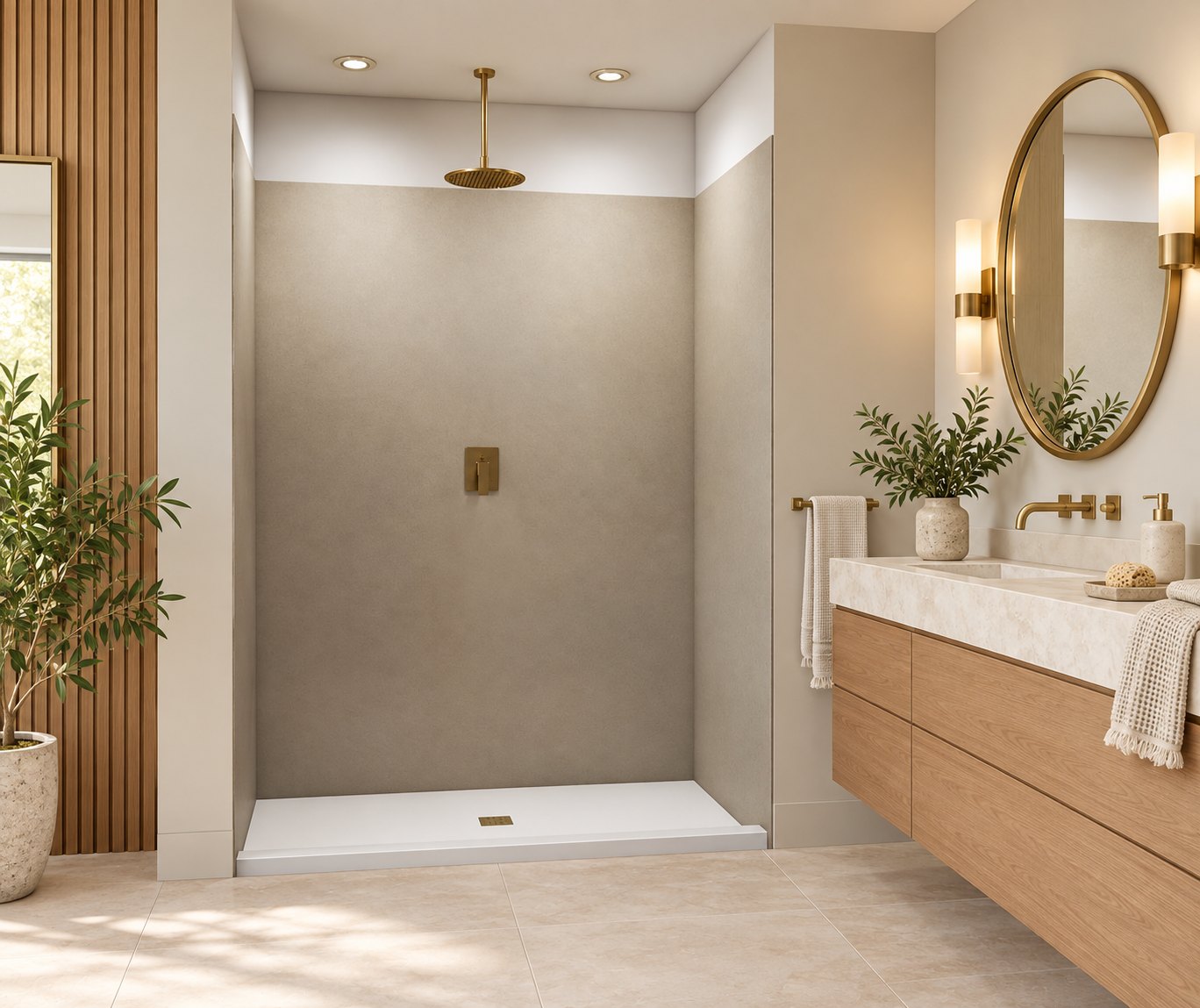 Swanstone mocha wall system with brushed gold fixtures