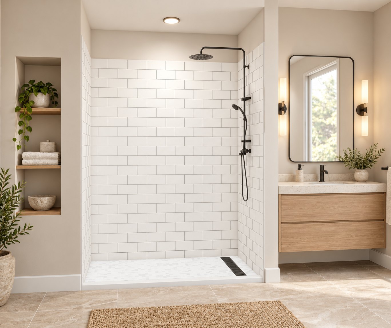 Swanstone subway tile wall system with matte black fixtures