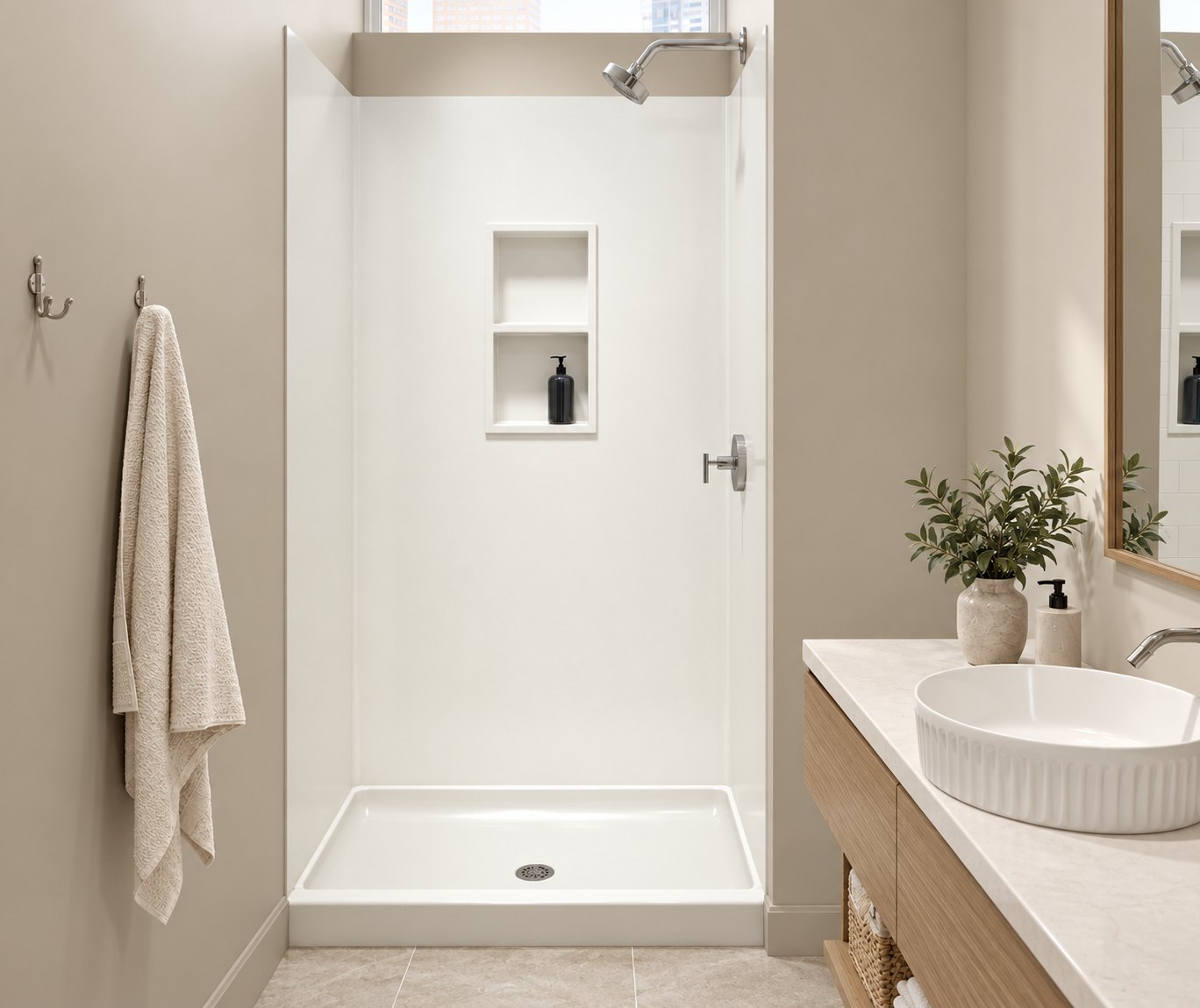 Swanstone white wall system with chrome fixtures