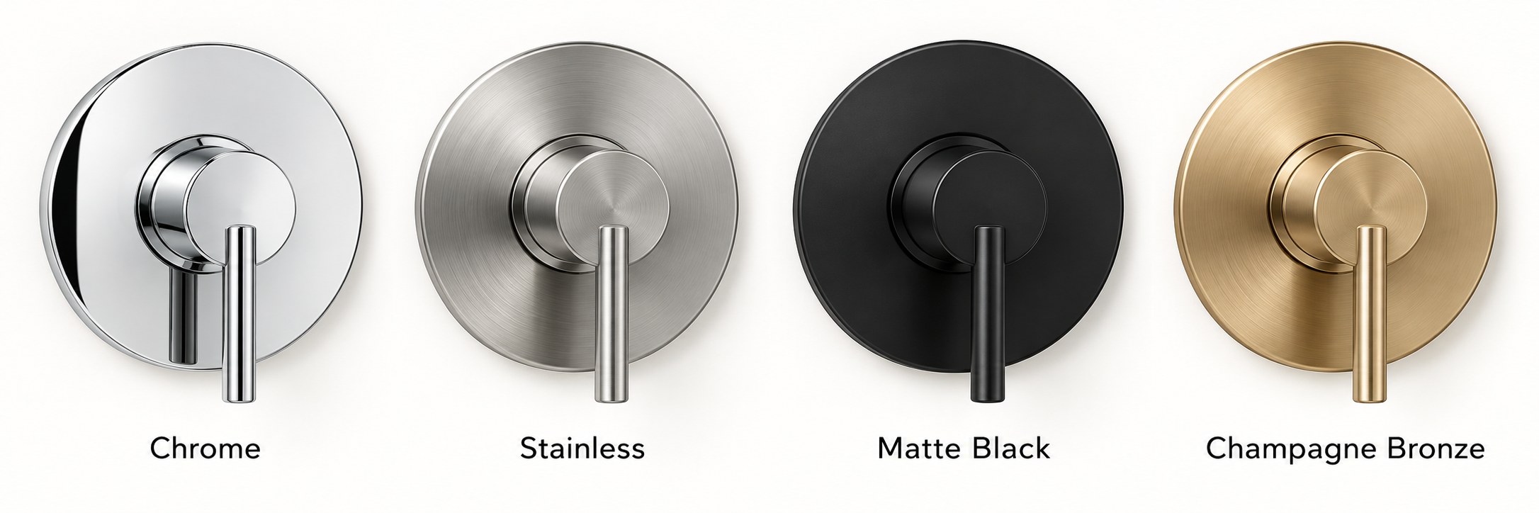 Shower trim kit finishes: Chrome, Stainless, Matte Black, and Champagne Bronze